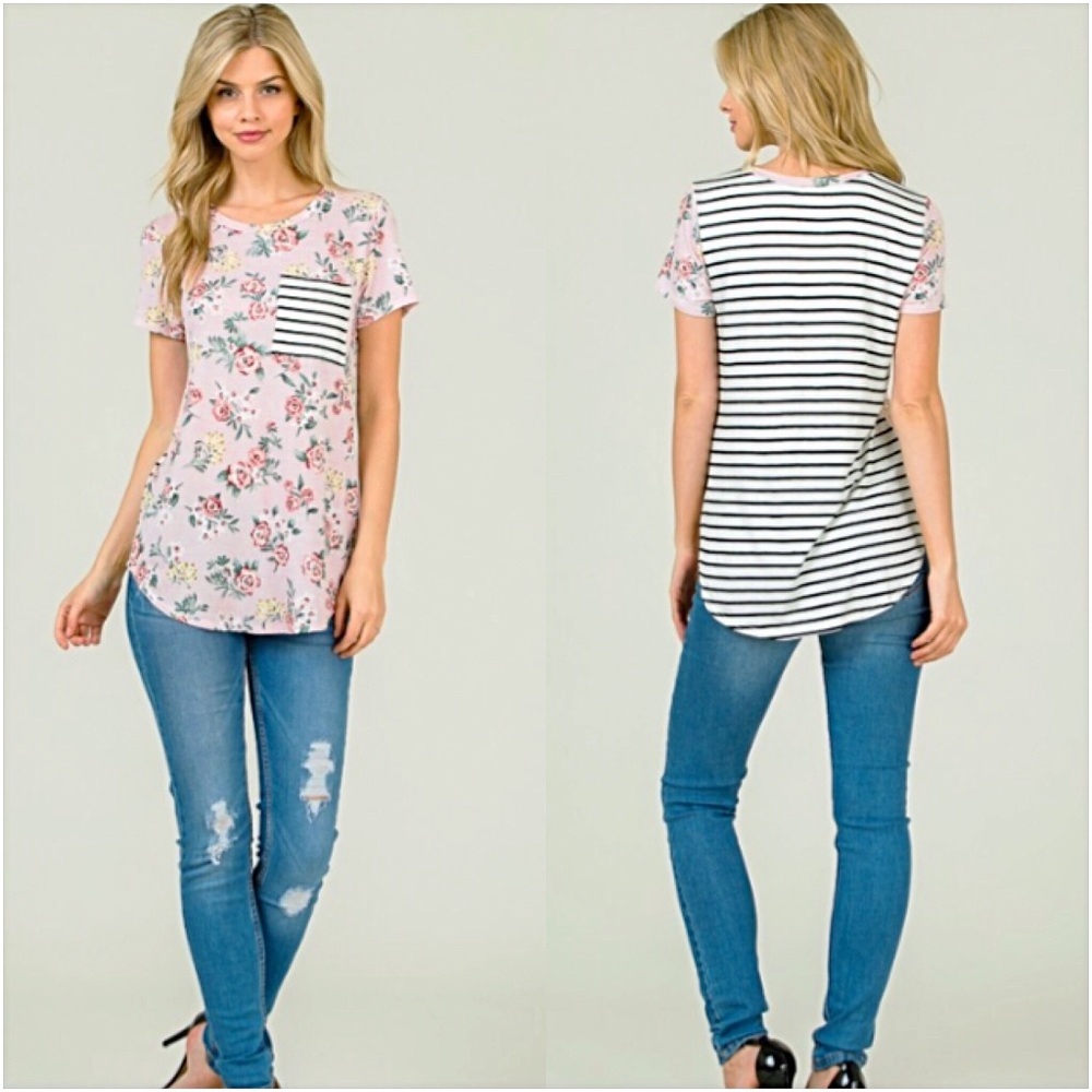 Adorable Blush Floral Striped PocketTee SML - Picture 6 of 8